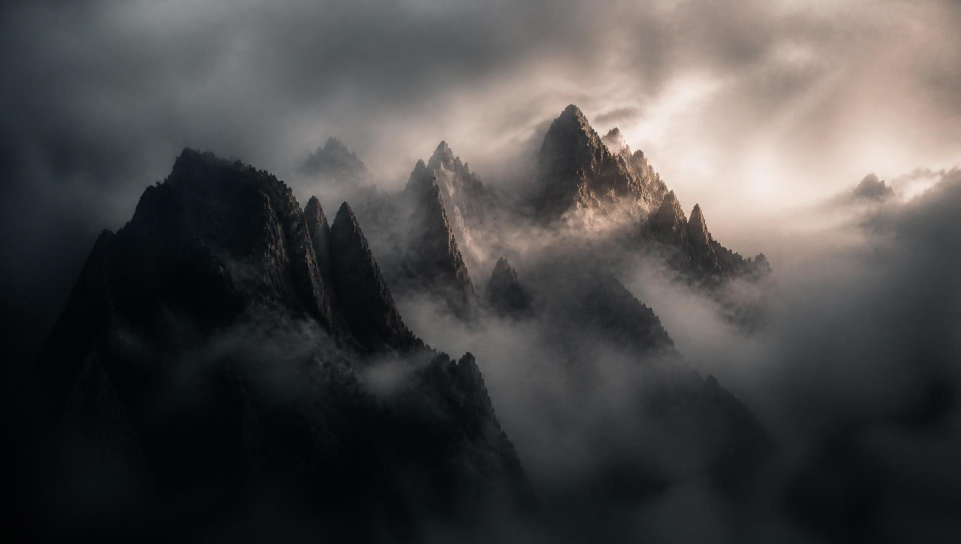 Mist drifting across dark mountain peaks at dawn